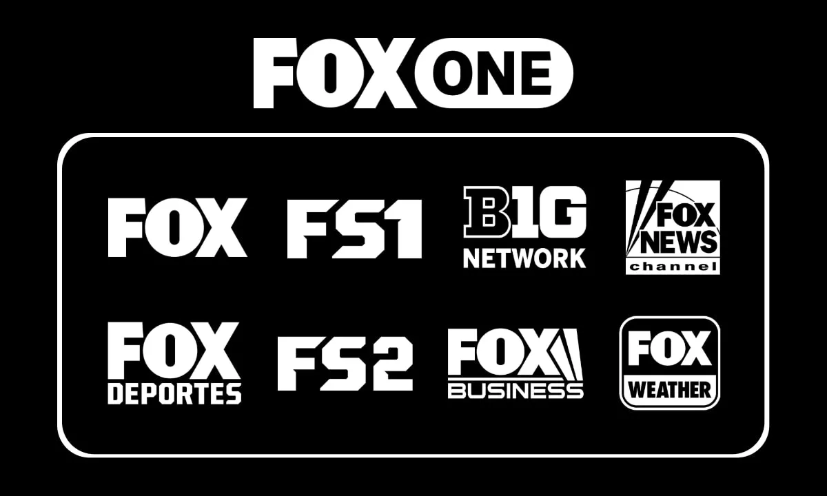 FOX One Channels A graphic showing the channels available on the FOX One streaming service, including FOX, FS1, Fox News, and Big Ten Network.