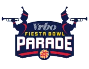 Official logo of the Fiesta Bowl Parade featuring dark blue trumpeters.