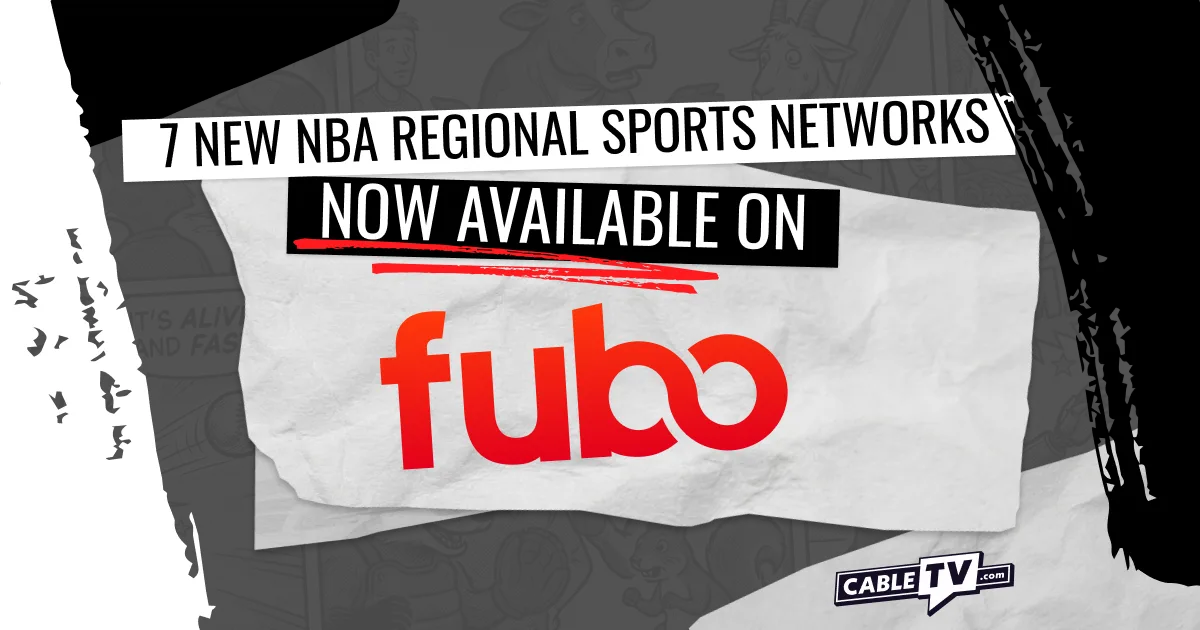 Fubo New NBA RSNs The Fubo logo with text reading "seven new NBA regional sports networks now available on" on a black, white, and gray background.