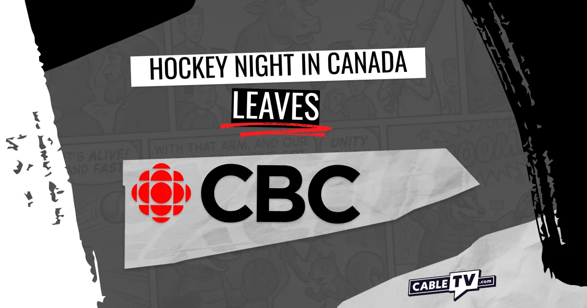 The CBC logo with text that reads "Hockey Night in Canada leaves CBC" on a black, white, and gray background.