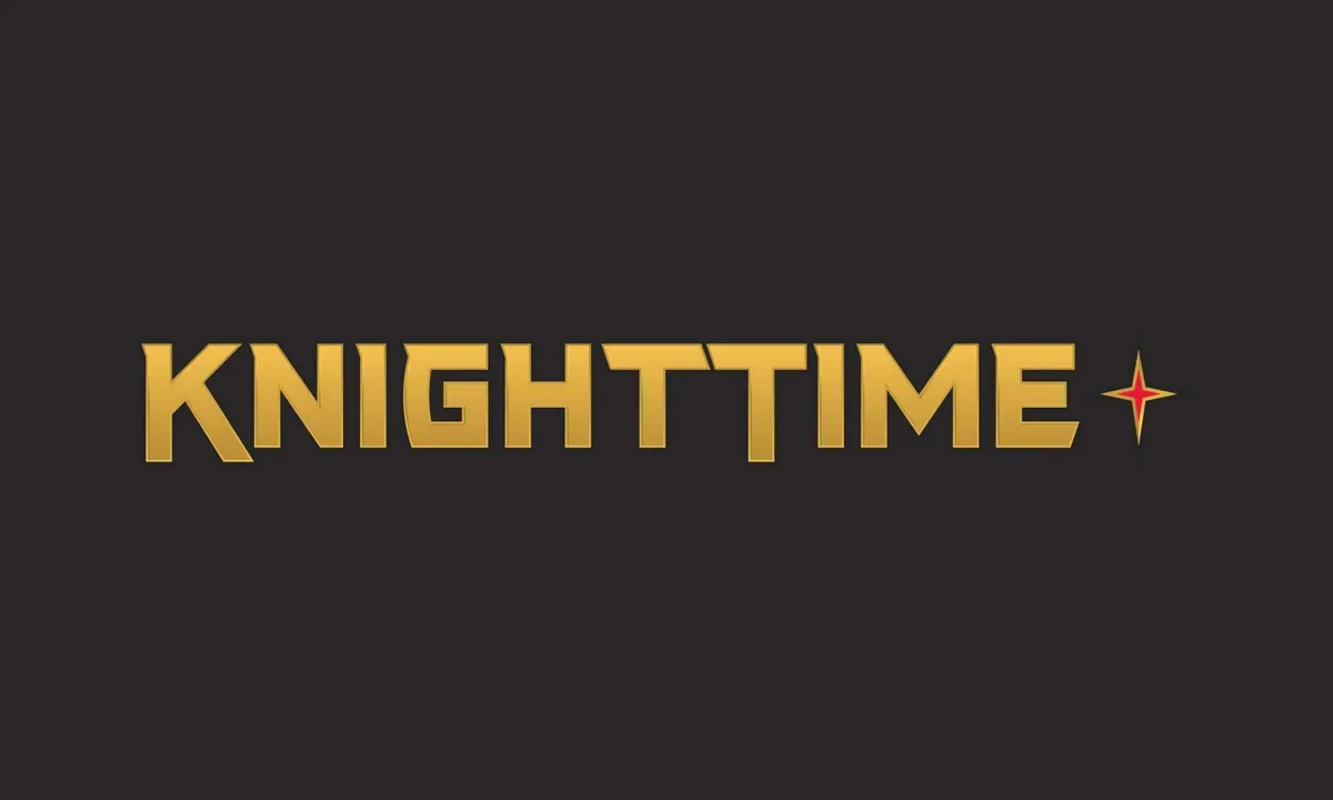 KnightTime+ Logo The KnightTime Plus logo in a gold, stylized font on a dark gray background.