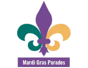 A green, purple, and gold fleur-de-lis icon with text below reading "Mardi Gras Parades."