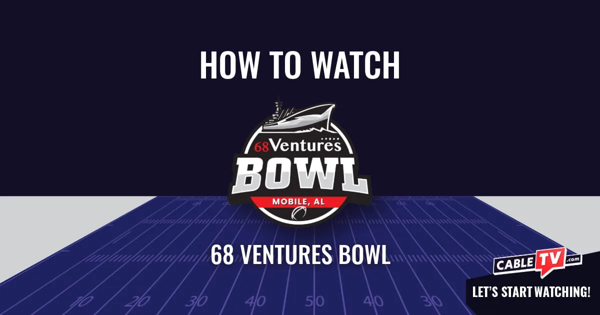 A "How to Watch" graphic featuring the 68 Ventures Bowl logo centered above a stylized football field on a dark blue background.