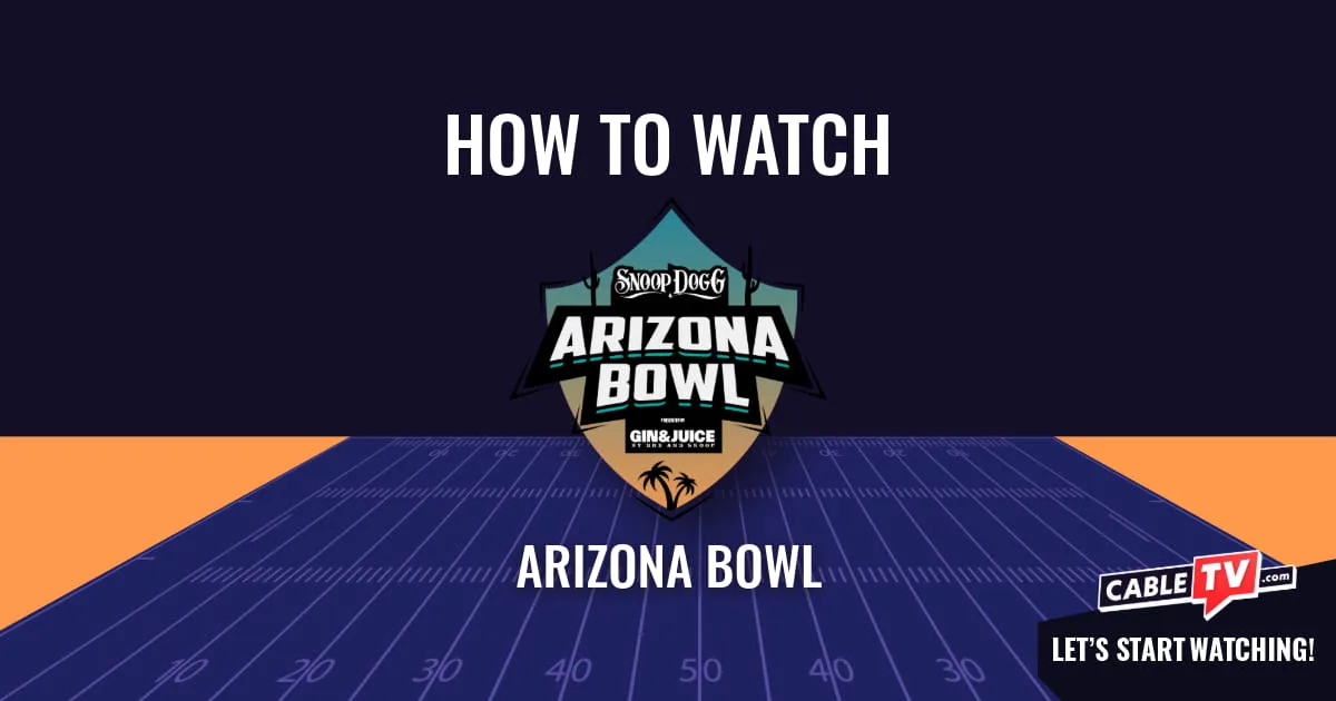 A "How to Watch" graphic featuring the Arizona Bowl logo centered above a stylized football field on a dark blue background.