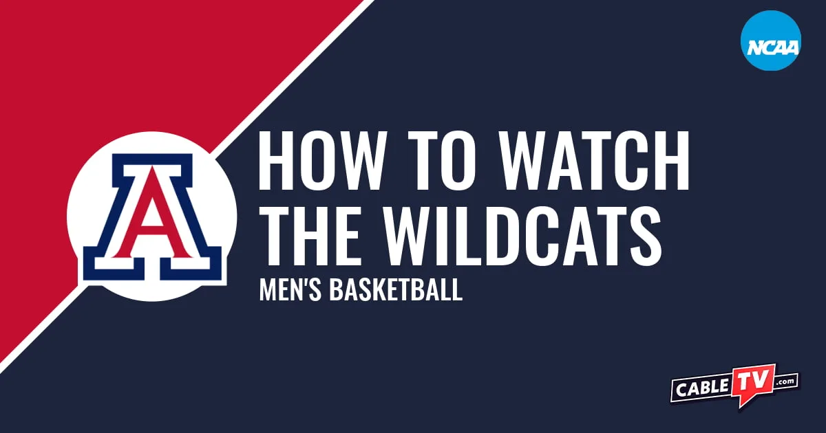 Arizona Wildcats logo on a stylized cardinal and dark blue graphic for the men's basketball team watch guide.
