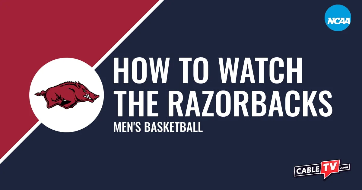Watch Arkansas Men's Basketball Arkansas Razorbacks logo on a stylized red and dark blue graphic for the men's basketball team watch guide.