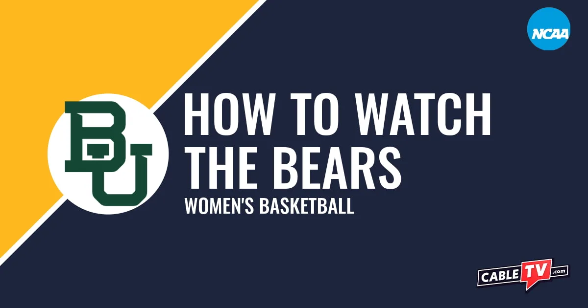 Watch Baylor Women's Basketball Baylor Bears logo on a stylized yellow and dark blue graphic for the women's basketball team watch guide.
