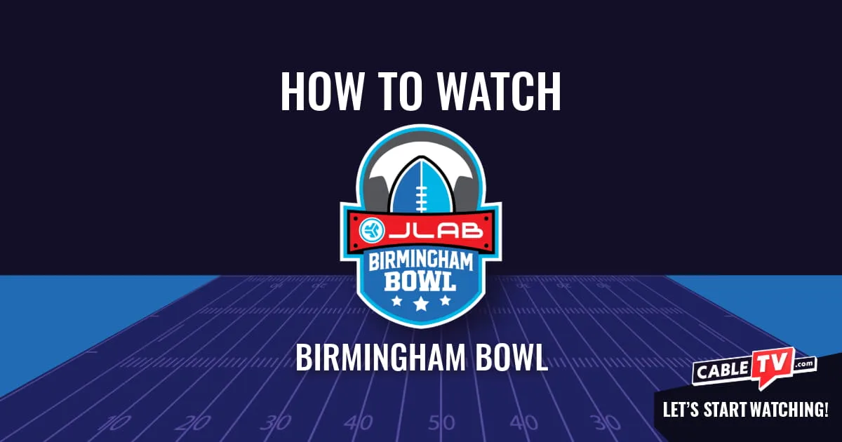 A "How to Watch" graphic featuring the Birmingham Bowl logo centered above a stylized football field on a dark blue background.