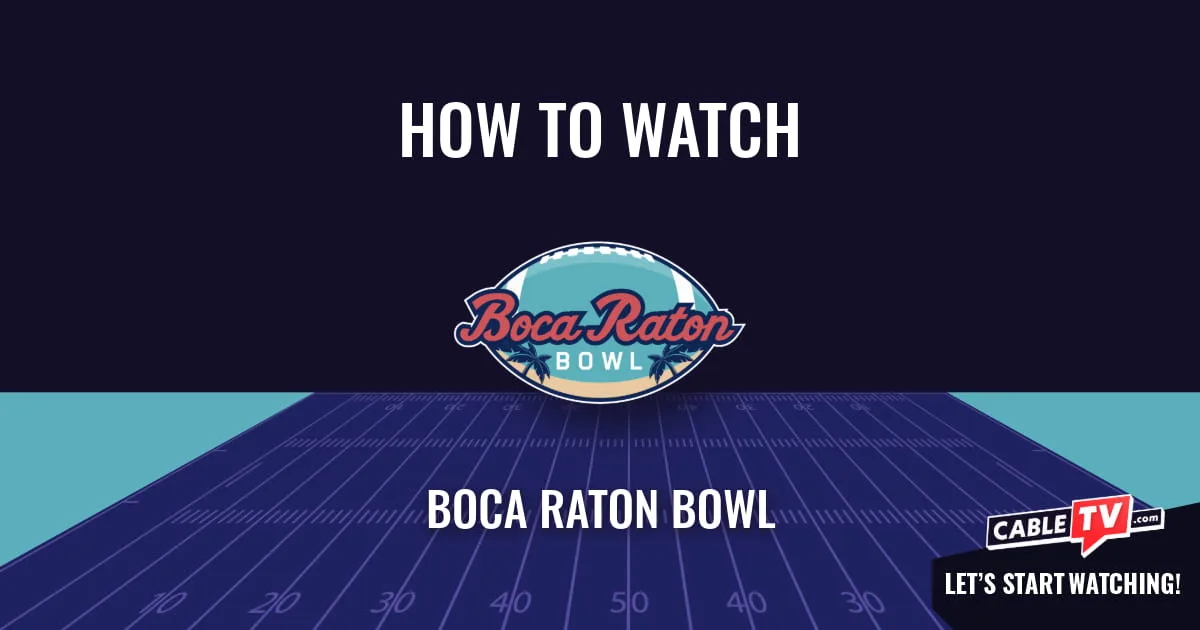 A "How to Watch" graphic featuring the Boca Raton Bowl logo centered above a stylized football field on a dark blue background.