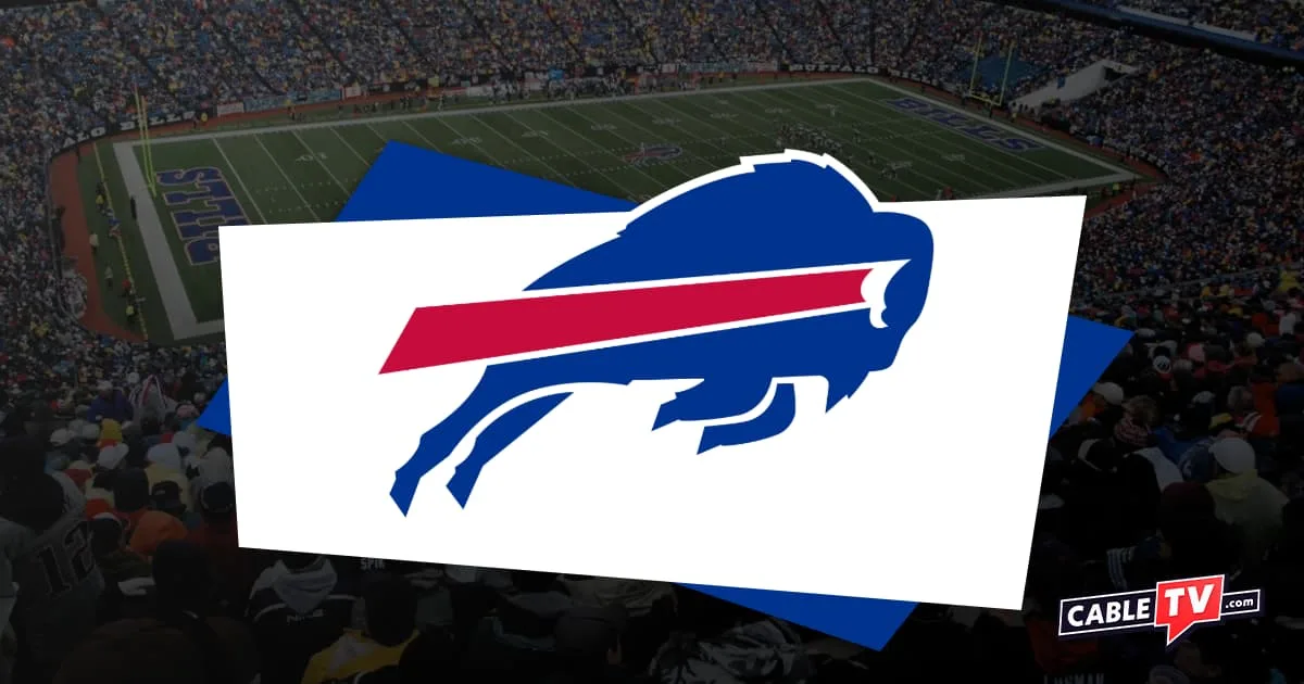The Buffalo Bills logo on a background that depicts a faded Bills home stadium.