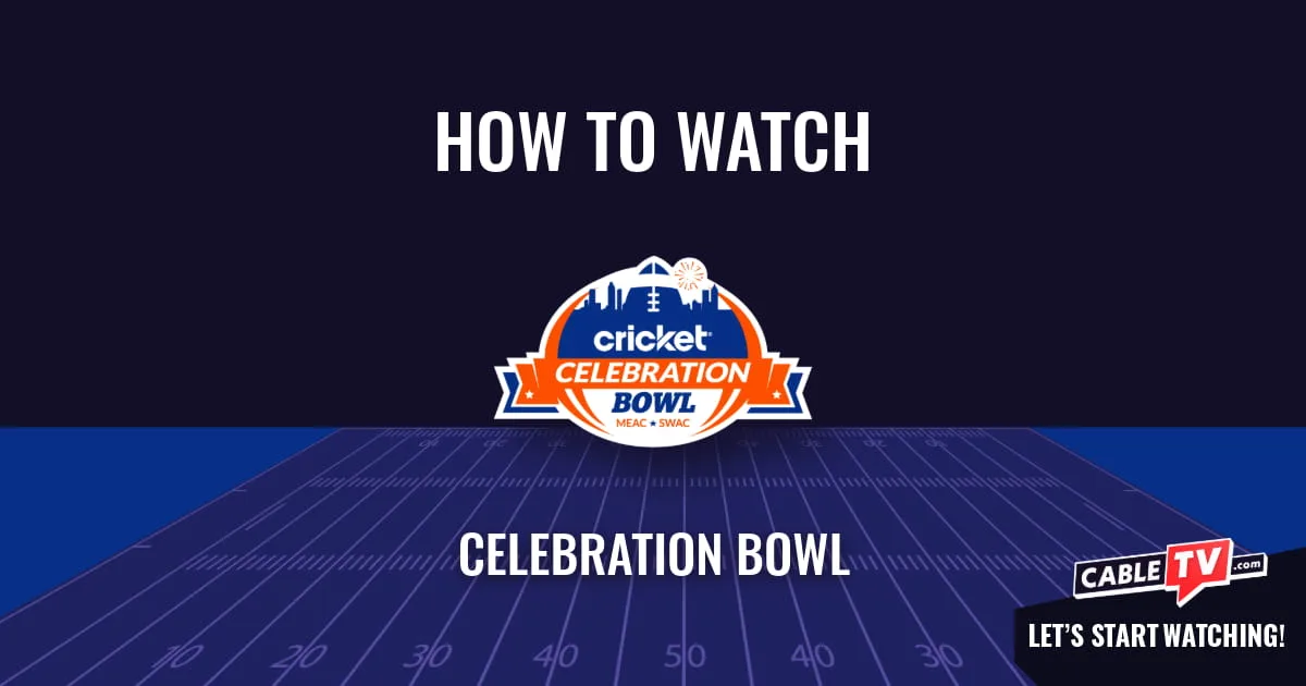 Watch Celebration Bowl A "How to Watch" graphic featuring the Celebration Bowl logo centered above a stylized football field on a dark blue background.