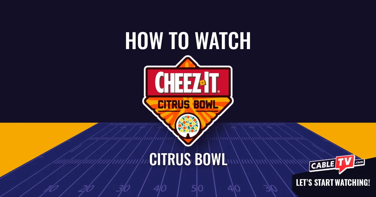 A "How to Watch" graphic featuring the Citrus Bowl logo centered above a stylized football field on a dark blue background.