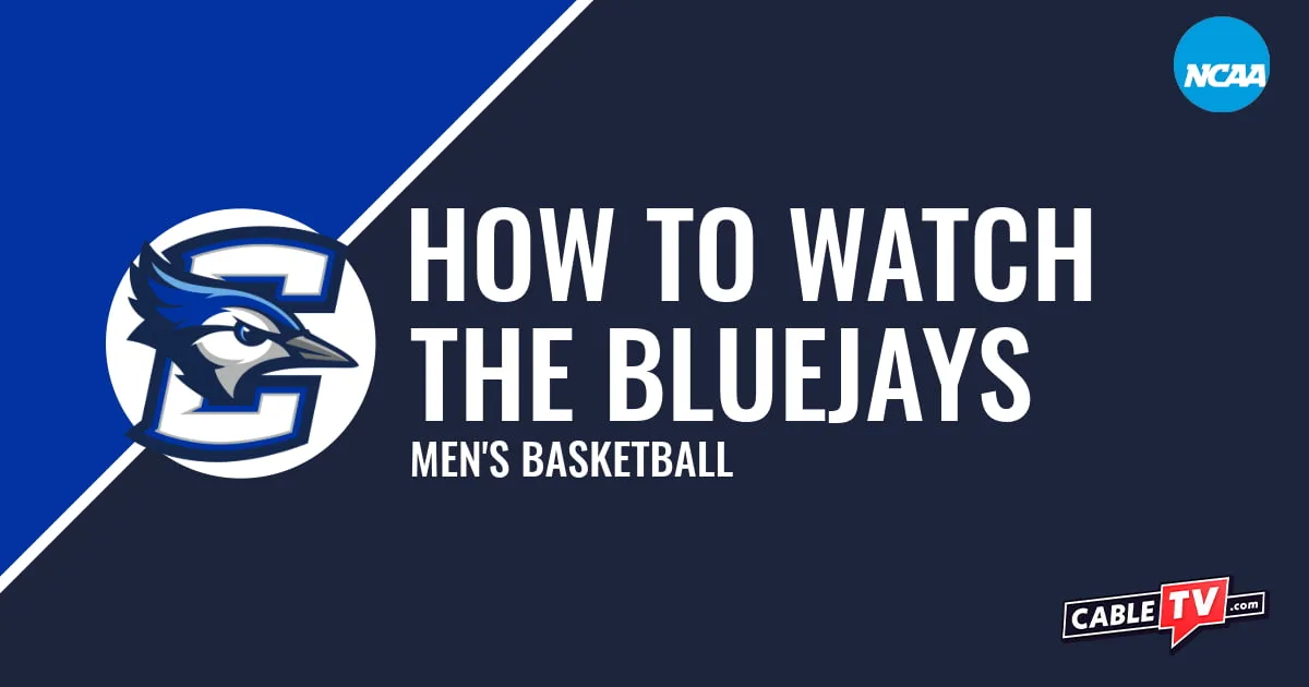 Creighton Bluejays logo on a stylized blue graphic for the men's basketball team watch guide.