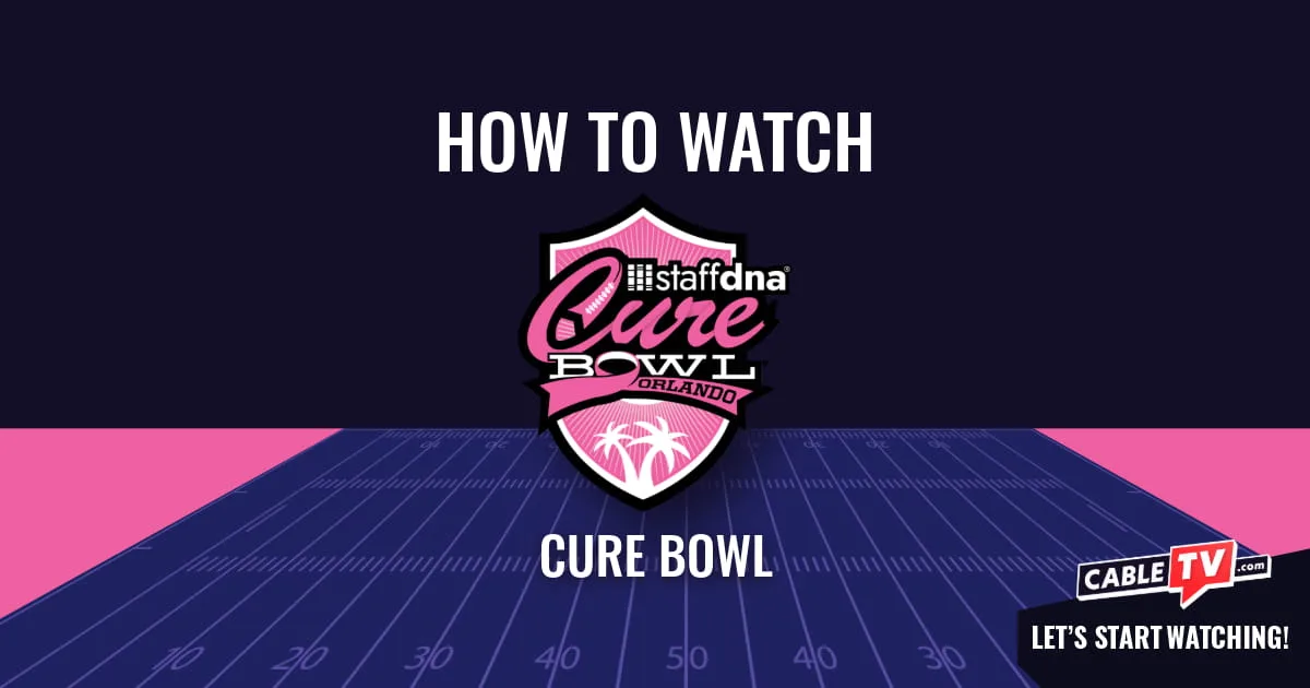 A "How to Watch" graphic featuring the Cure Bowl logo centered above a stylized football field on a dark blue background.