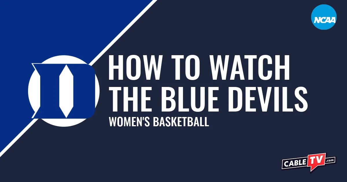 Duke Blue Devils logo on a stylized blue graphic for the women's basketball team watch guide.