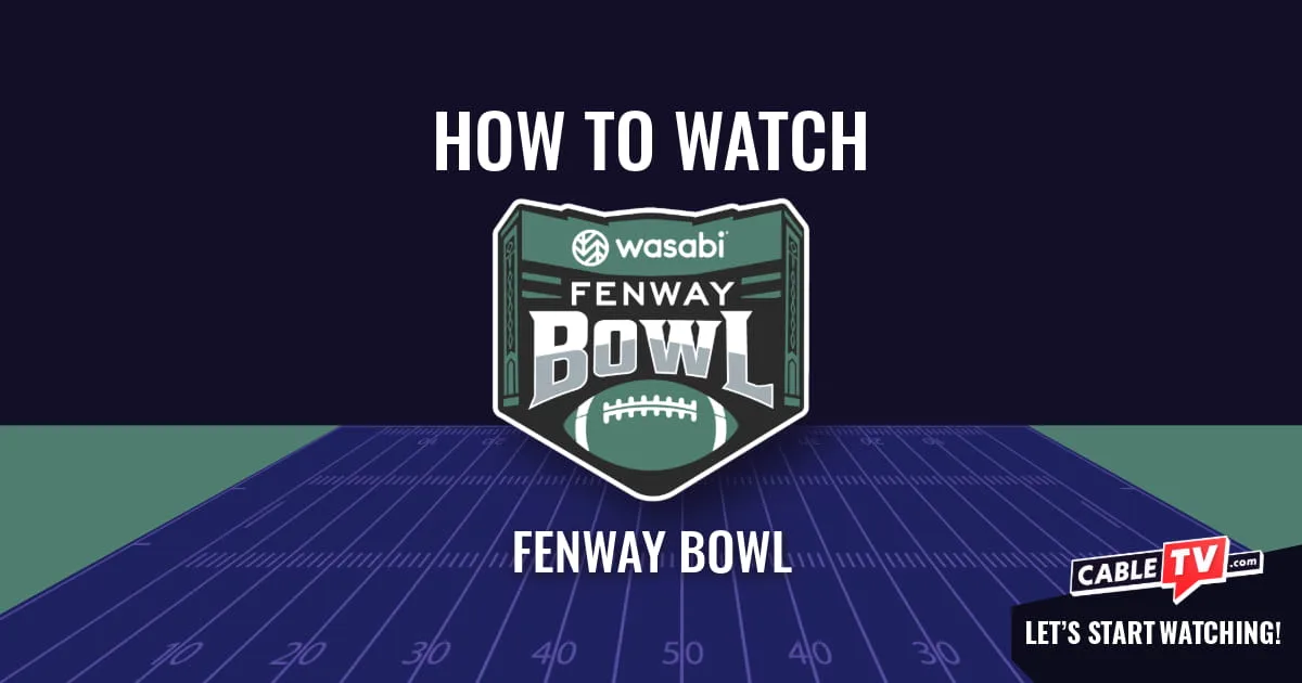 A "How to Watch" graphic featuring the Fenway Bowl logo centered above a stylized football field on a dark blue background.