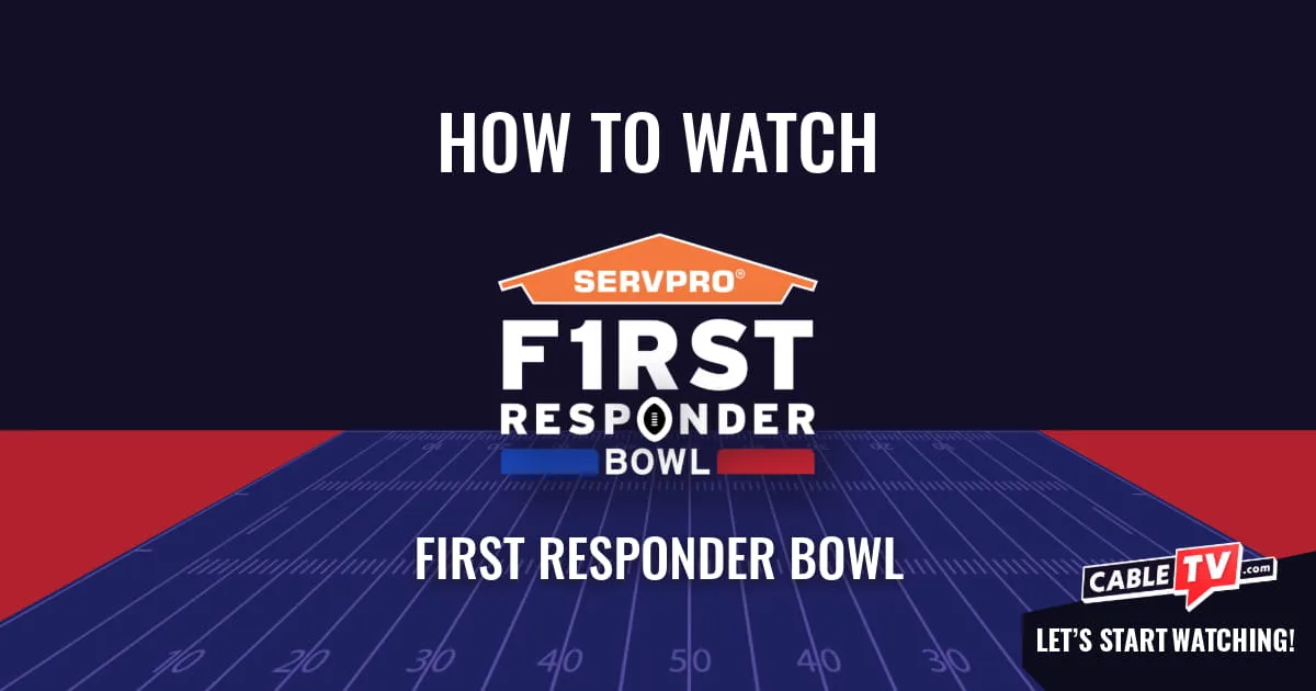 A "How to Watch" graphic featuring the First Responder Bowl logo centered above a stylized football field on a dark blue background.