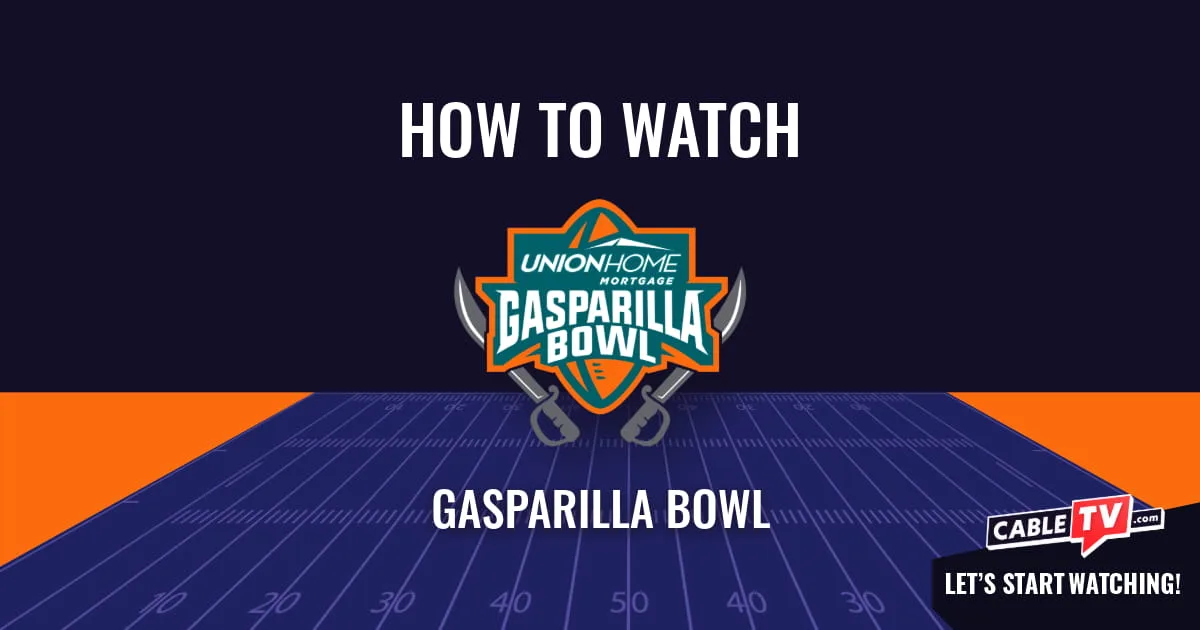 A "How to Watch" graphic featuring the Gasparilla Bowl logo centered above a stylized football field on a dark blue background.
