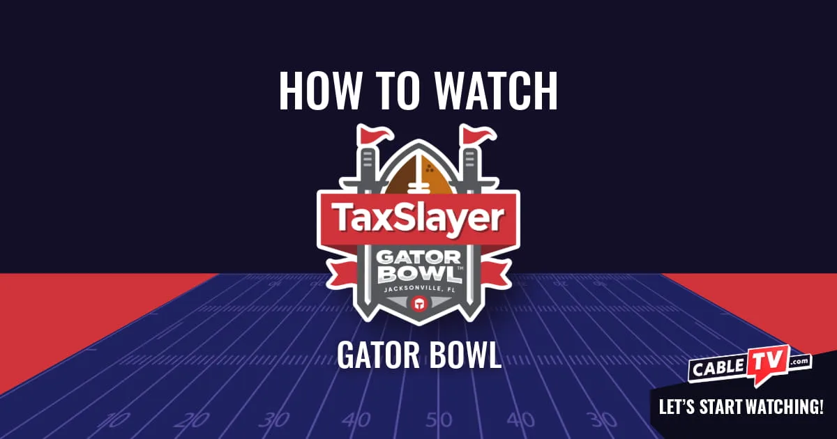 A "How to Watch" graphic featuring the Gator Bowl logo centered above a stylized football field on a dark blue background.