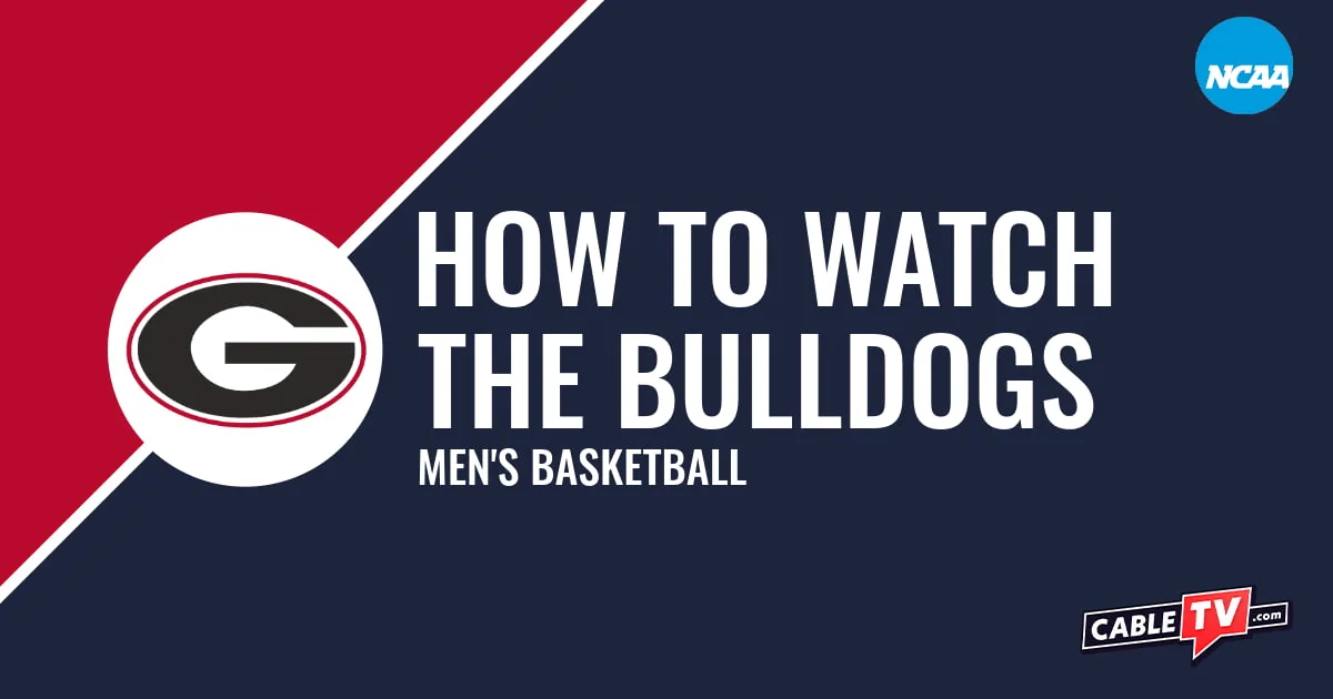 Watch Georgia Men's Basketball Georgia Bulldogs logo on a stylized red and dark blue graphic for the men's basketball team watch guide.