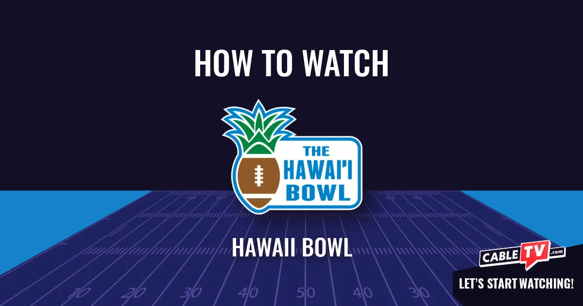 A "How to Watch" graphic featuring the Hawaii Bowl logo centered above a stylized football field on a dark blue background.