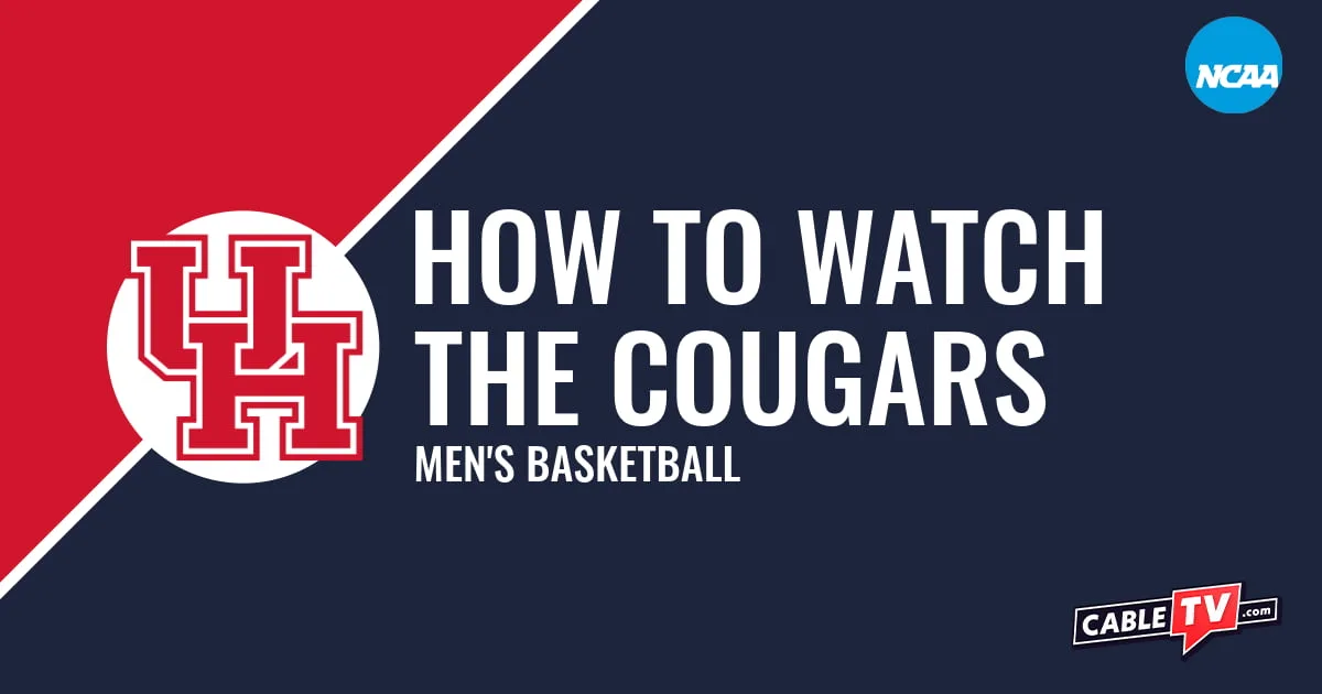 Houston Cougars logo on a stylized red and dark blue graphic for the men's basketball team watch guide.