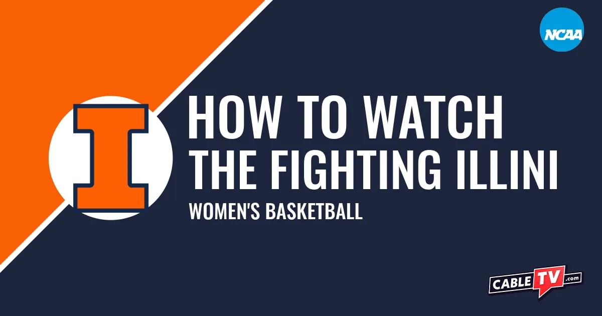 Illinois Fighting Illini logo on a stylized orange and dark blue graphic for the women's basketball team watch guide.