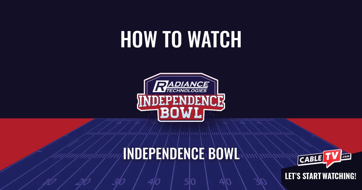 A "How to Watch" graphic featuring the Independence Bowl logo centered above a stylized football field on a dark blue background.