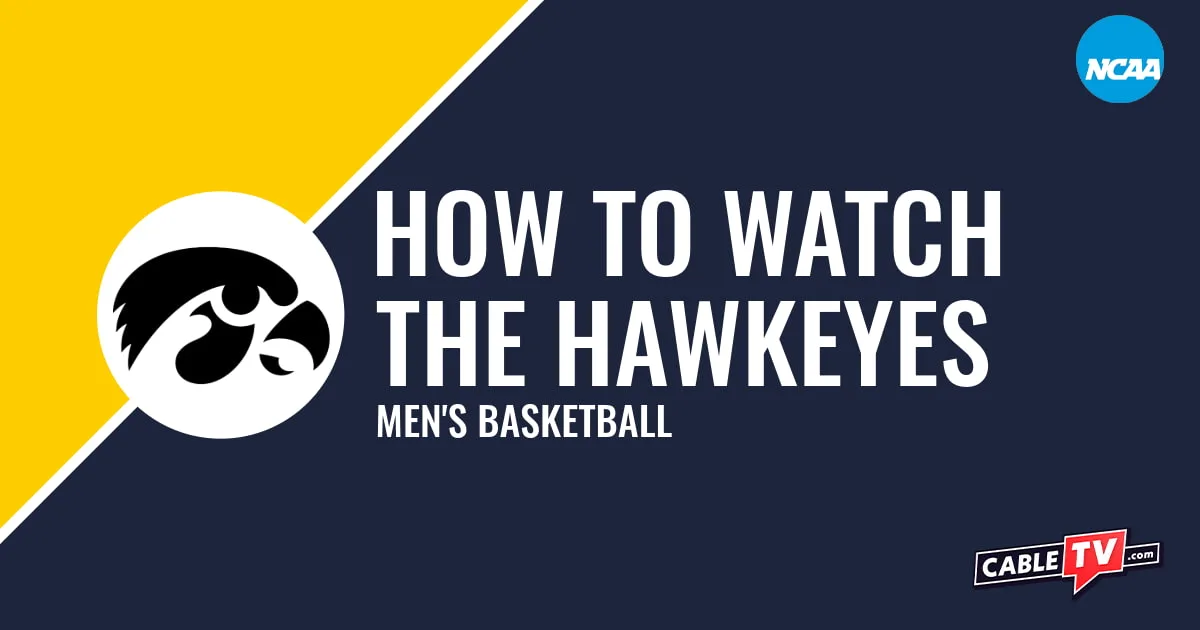Iowa Hawkeyes logo on a stylized yellow and dark blue graphic for the men's basketball team watch guide.