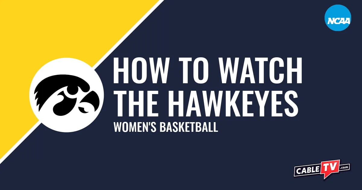 Iowa Hawkeyes logo on a stylized yellow and dark blue graphic for the women's basketball team watch guide.
