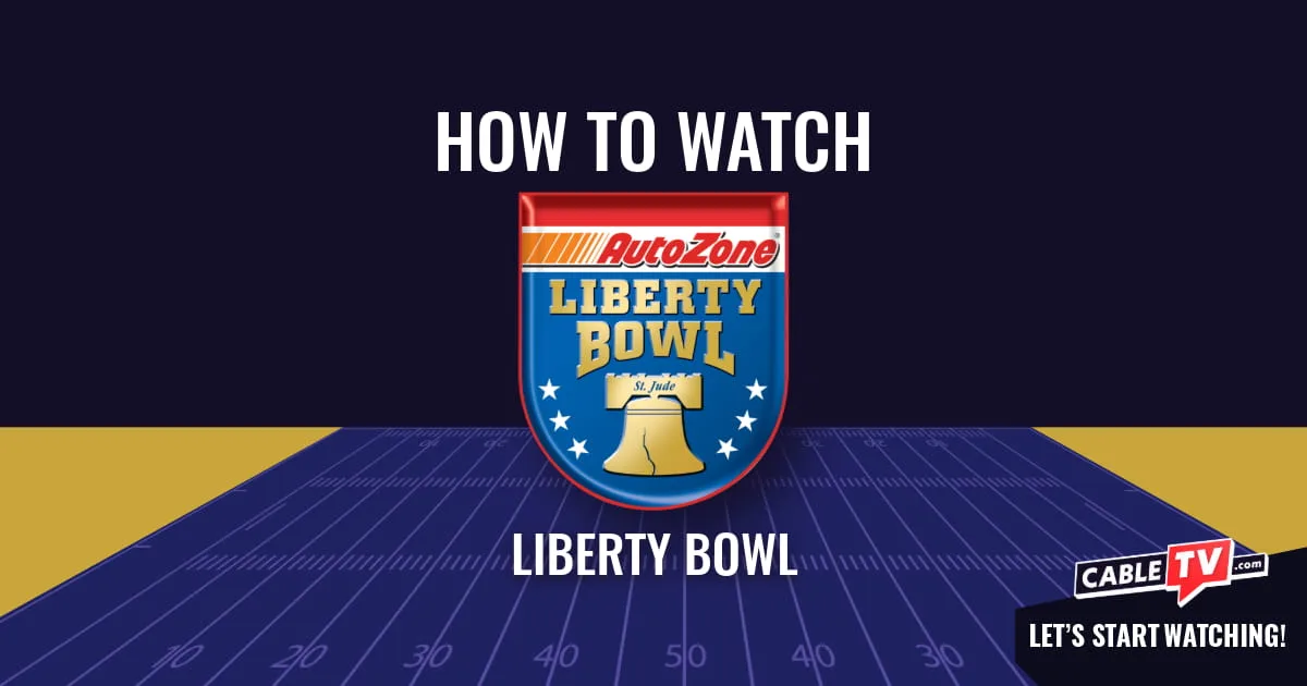 A "How to Watch" graphic featuring the Liberty Bowl logo centered above a stylized football field on a dark blue background.