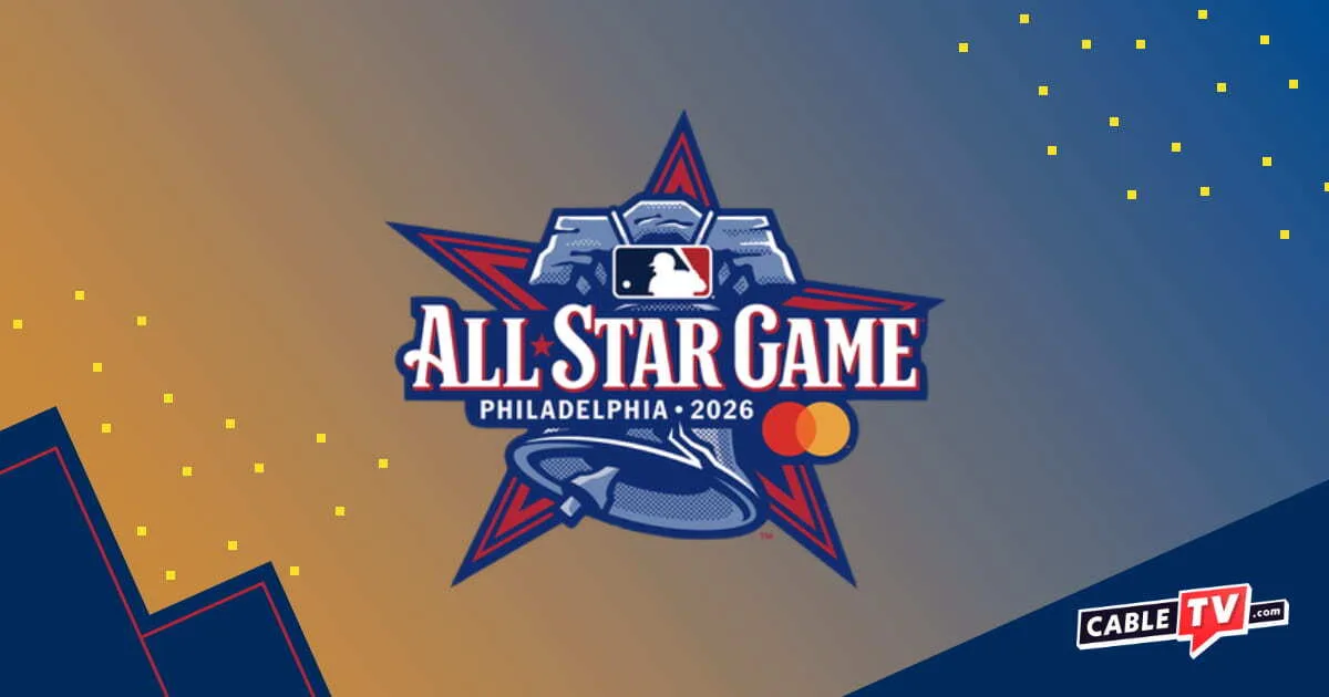 The 2026 MLB All-Star Game logo on a blue and orange gradient background.