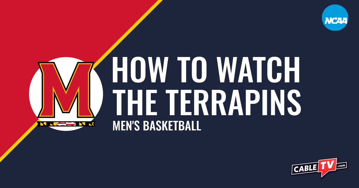 Maryland Terrapins logo on a stylized red and dark blue graphic for the men's basketball team watch guide.