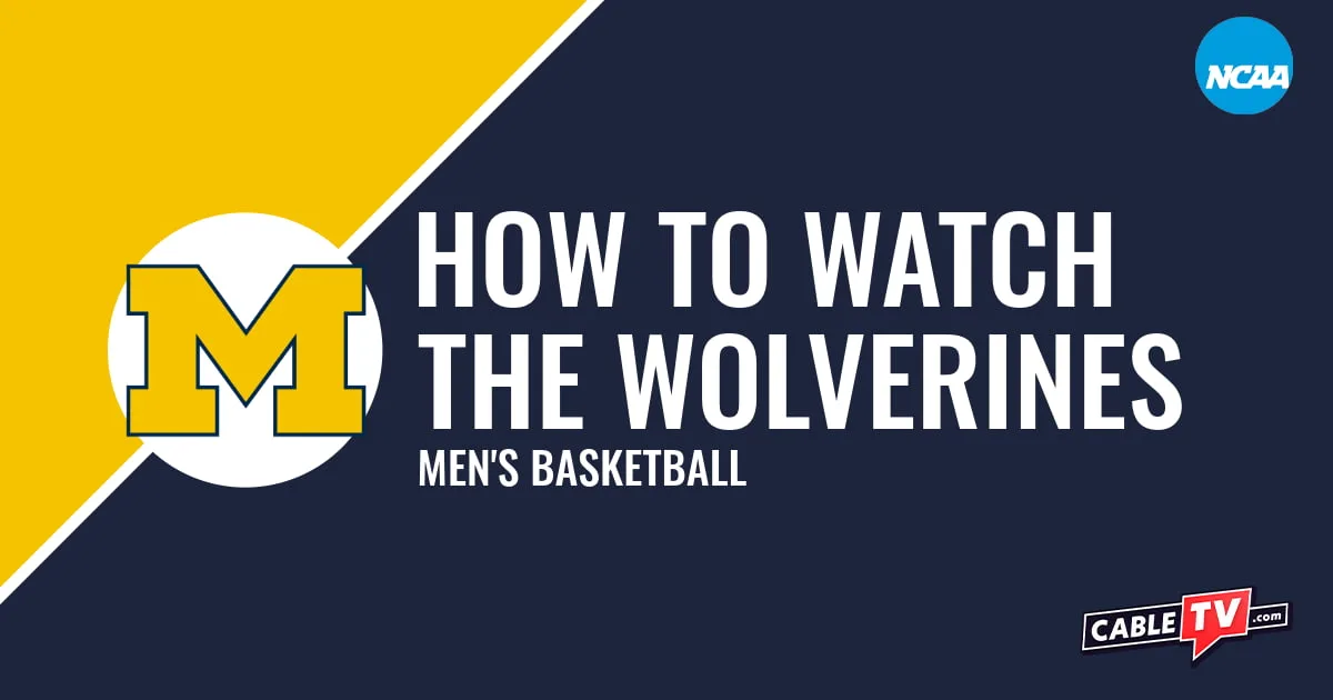 Michigan Wolverines logo on a stylized yellow and dark blue graphic for the men's basketball team watch guide.