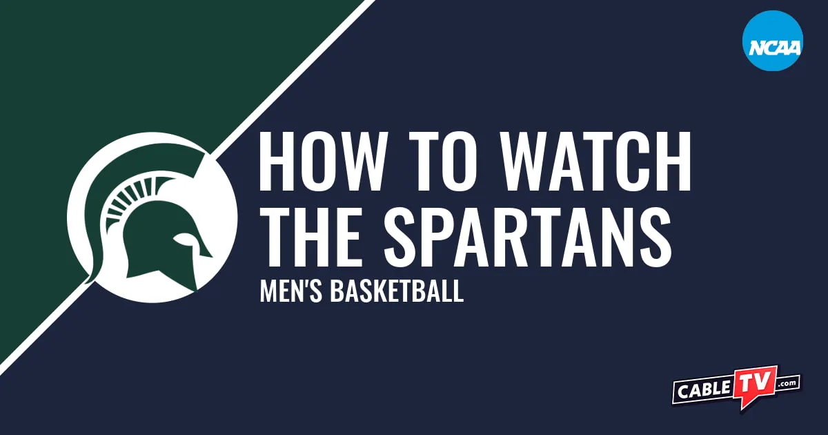 Michigan State Spartans logo on a stylized green and dark blue graphic for the women's basketball team watch guide.