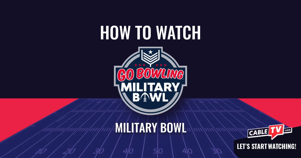 Watch Military Bowl A "How to Watch" graphic featuring the Military Bowl logo centered above a stylized football field on a dark blue background.