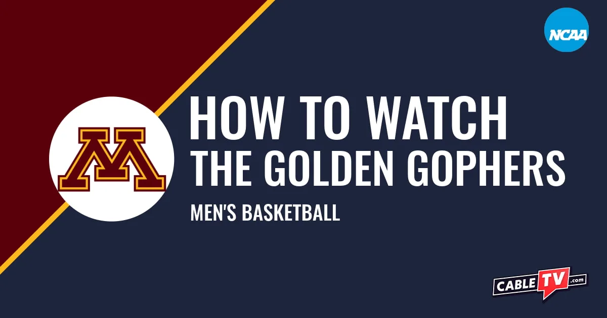 Minnesota Golden Gophers logo on a maroon and dark blue graphic for the men's basketball team watch guide.