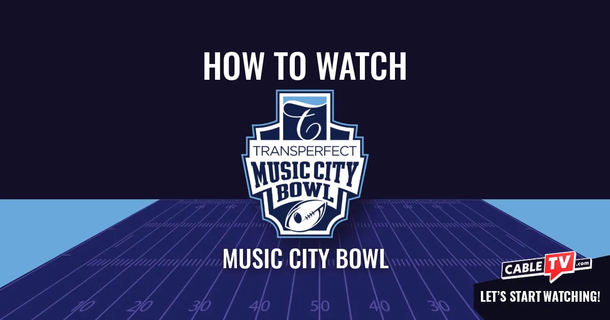 Watch Music City Bowl A "How to Watch" graphic featuring the Music City Bowl logo centered above a stylized football field on a dark blue background.