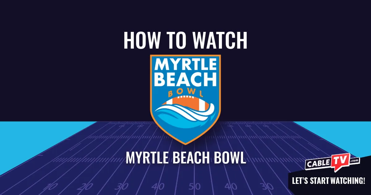 A "How to Watch" graphic featuring the Myrtle Beach Bowl logo centered above a stylized football field on a dark blue background.
