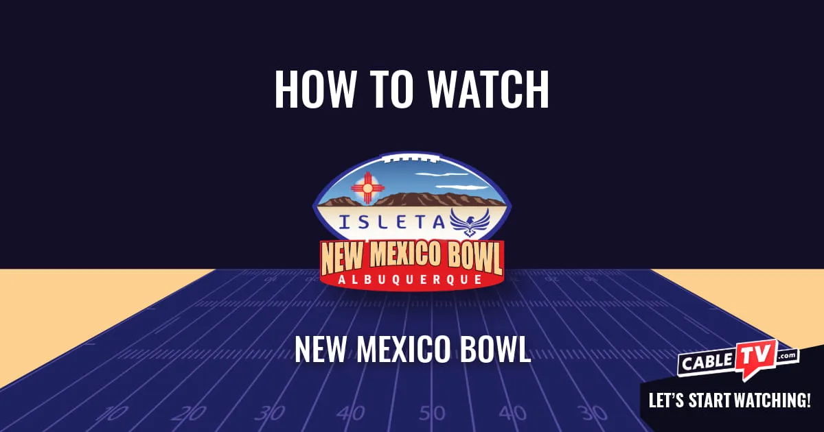 A "How to Watch" graphic featuring the New Mexico Bowl logo centered above a stylized football field on a dark blue background.