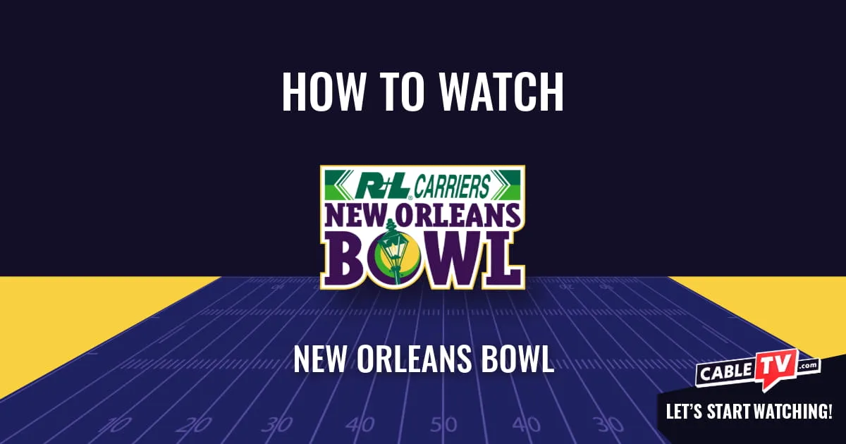 Watch New Orleans Bowl A "How to Watch" graphic featuring the New Orleans Bowl logo centered above a stylized football field on a dark blue background.
