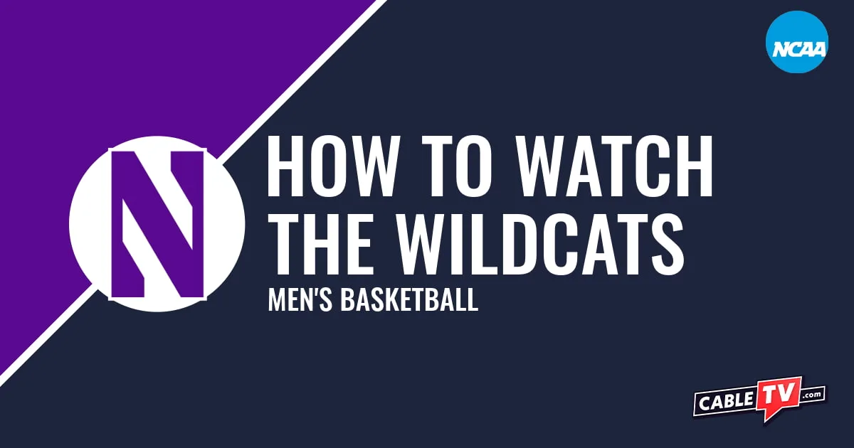 Northwestern Wildcats logo on a purple and dark blue graphic for the men's basketball team watch guide.