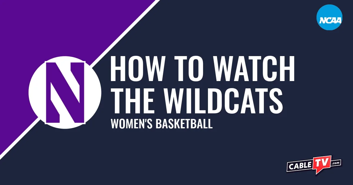 Northwestern Wildcats logo on a purple and dark blue graphic for the women's basketball team watch guide.