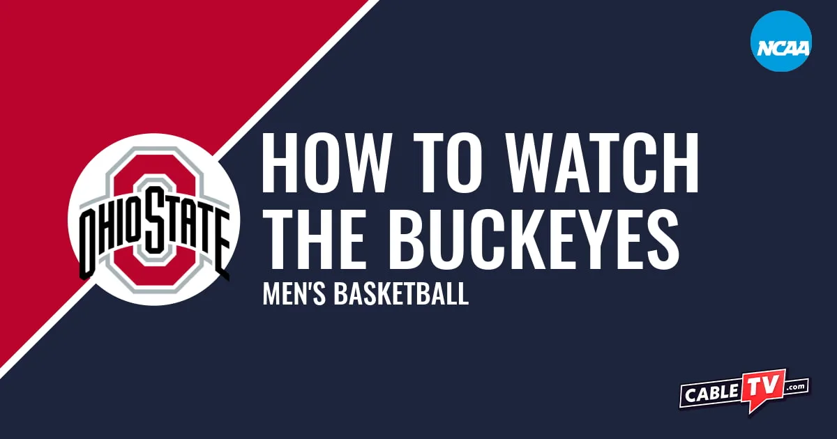 Ohio State Buckeyes logo on a red and dark blue graphic for the men's basketball team watch guide.