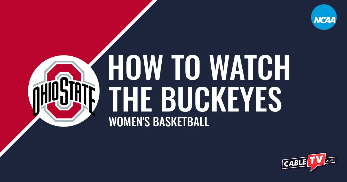Ohio State Buckeyes logo on a red and dark blue graphic for the women's basketball team watch guide.
