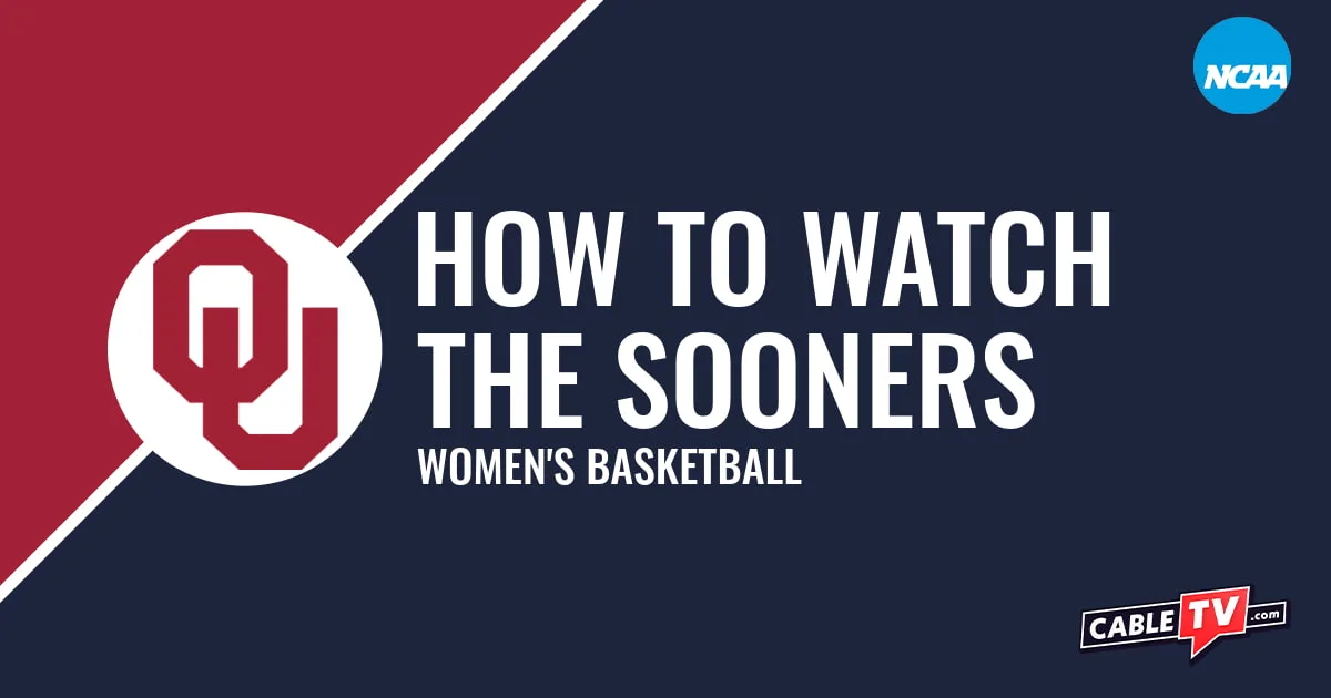 Watch Oklahoma Women's Basketball Oklahoma Sooners logo on a stylized red and dark blue graphic for the women's basketball team watch guide.