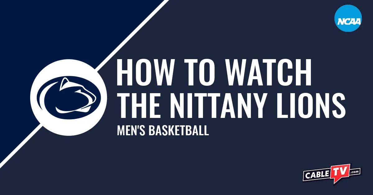 Penn State Nittany Lions logo on a dark blue graphic for the men's basketball team watch guide.