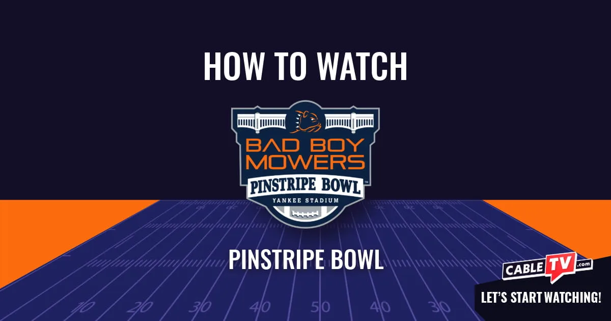 Watch Pinstripe Bowl A "How to Watch" graphic featuring the Pinstripe Bowl logo centered above a stylized football field on a dark blue background.