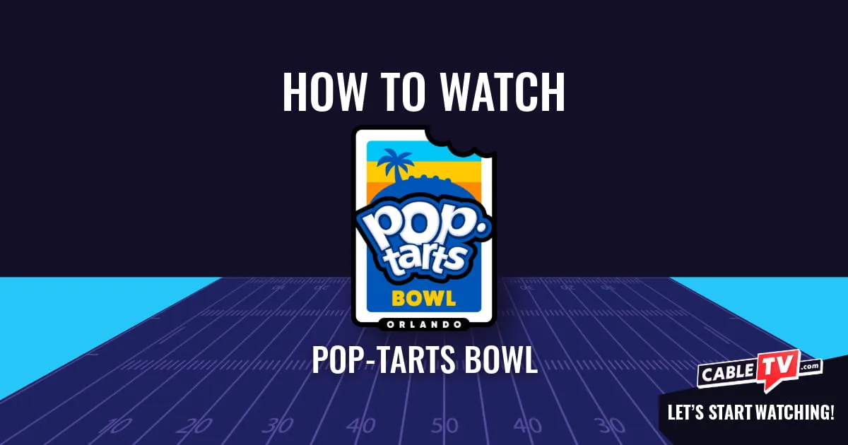 A "How to Watch" graphic featuring the Pop-Tarts Bowl logo centered above a stylized football field on a dark blue background.