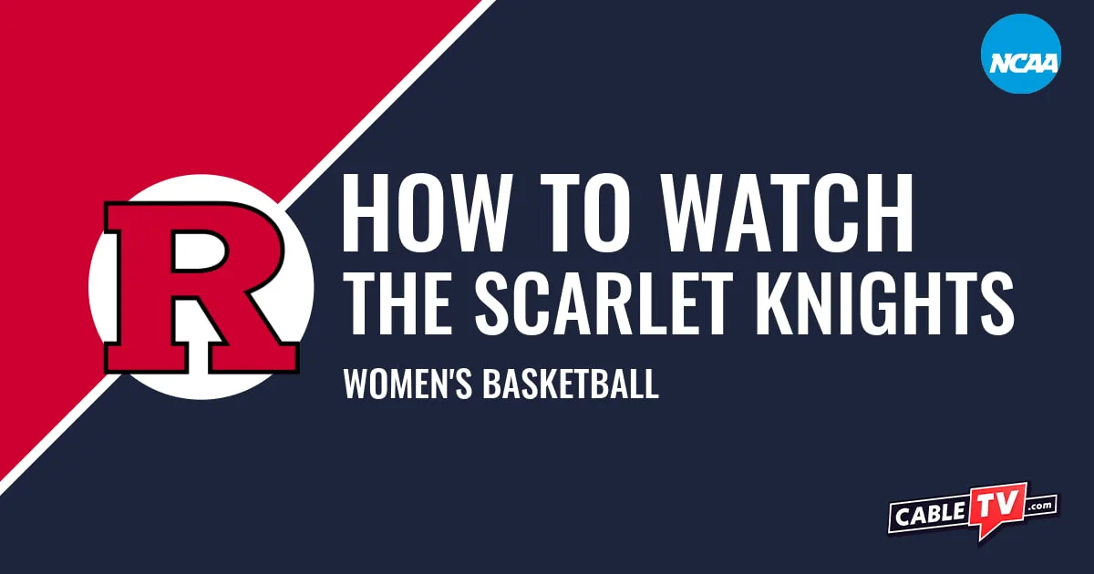 Rutgers Scarlet Knights logo on a stylized red and dark blue graphic for the women's basketball team watch guide.